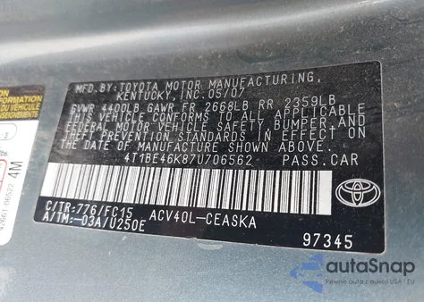 2007 Toyota Camry Se из США, поврежденный, VIN 4T1BE46K87U706562